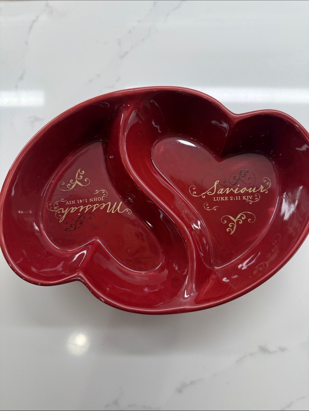 Red Heart-Shaped Divided Serving Dish with Gold Script